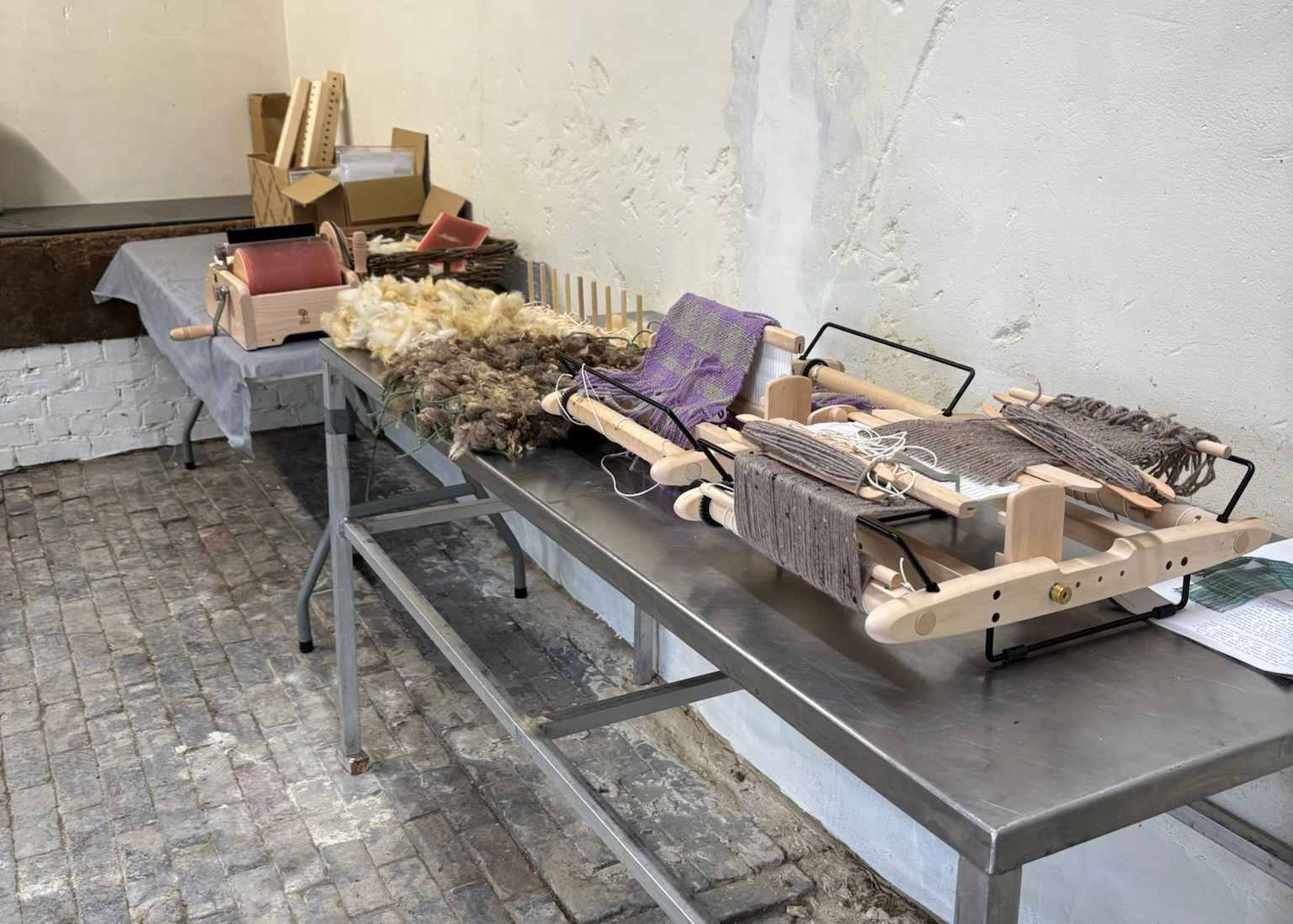 Equipment to learn about wool processing.